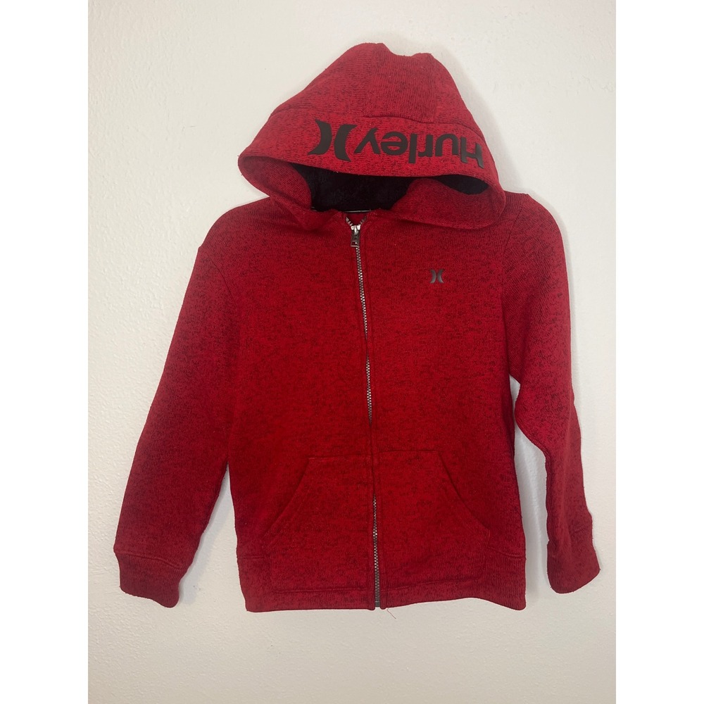 Hurley Boys Full Zip Hoodie Sweatshirt Red Black Fleece Lined Size M
